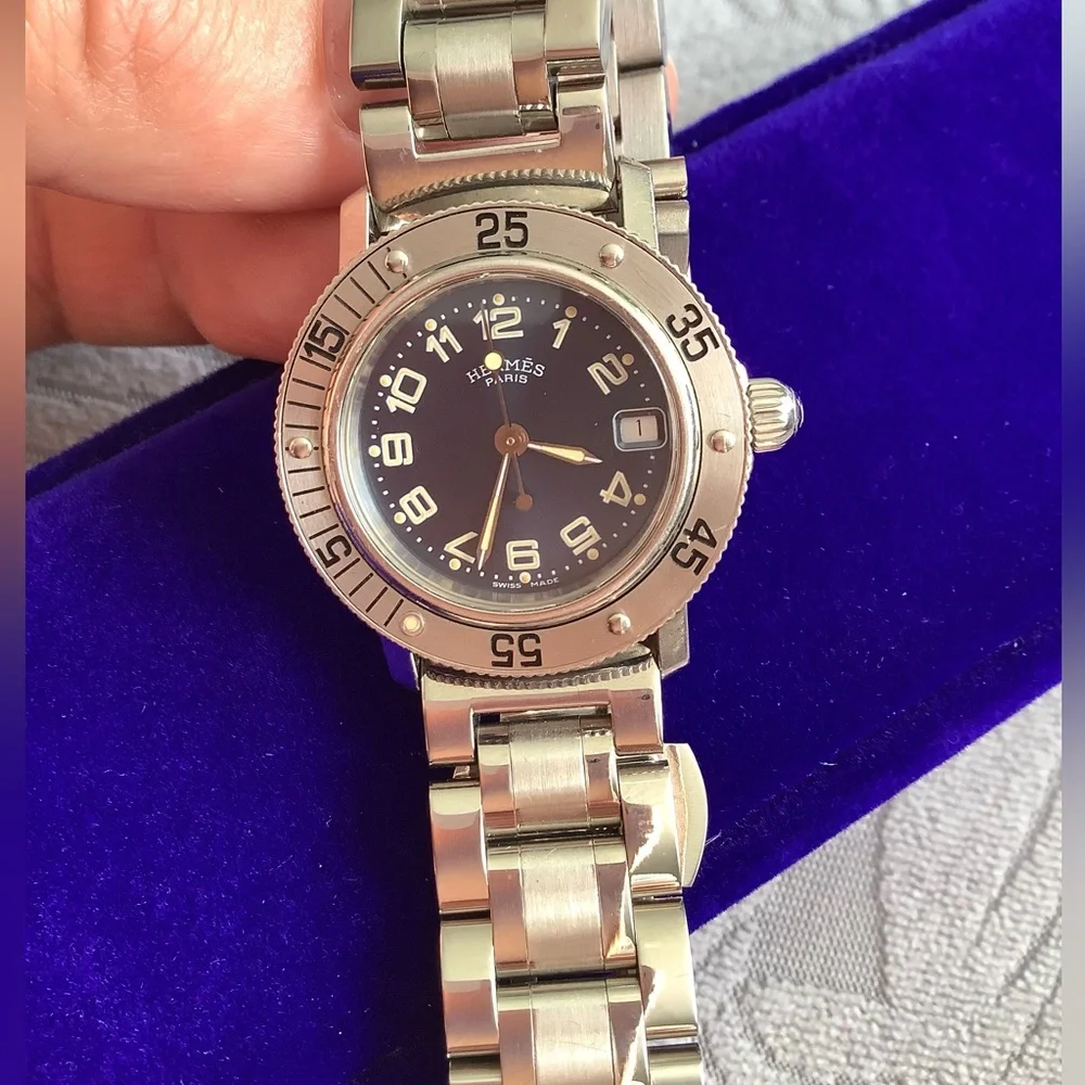 Hermes Silver Steel Bracelet Watch with Blue Dial